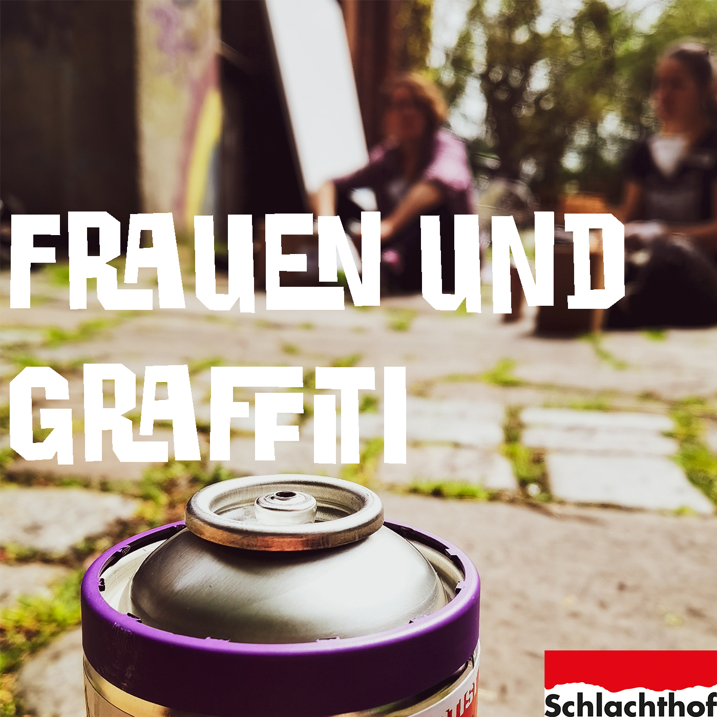 Spraydose im Anschnitt mit schemenhaften Personen im Hintergrund